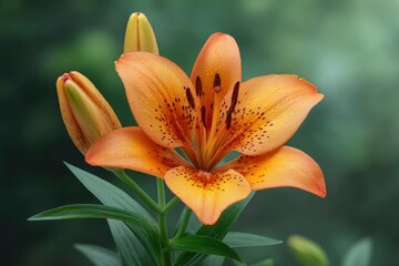 Fototapeta premium Orange Lily Flower with Bud and Green Leaves