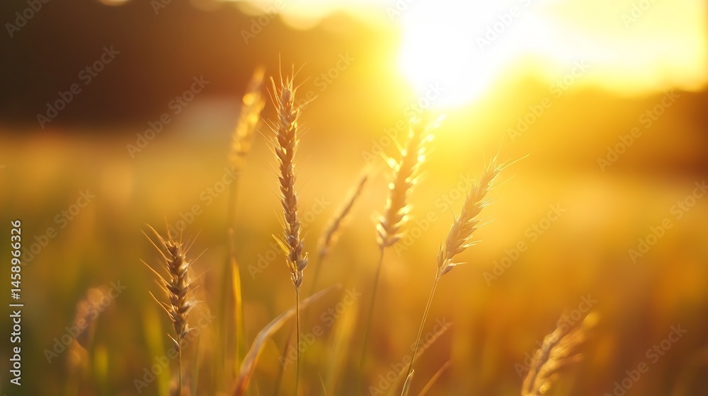 Poster golden wheat stalks bathed in the warm glow of a setting sun, creating a serene and peaceful summer 