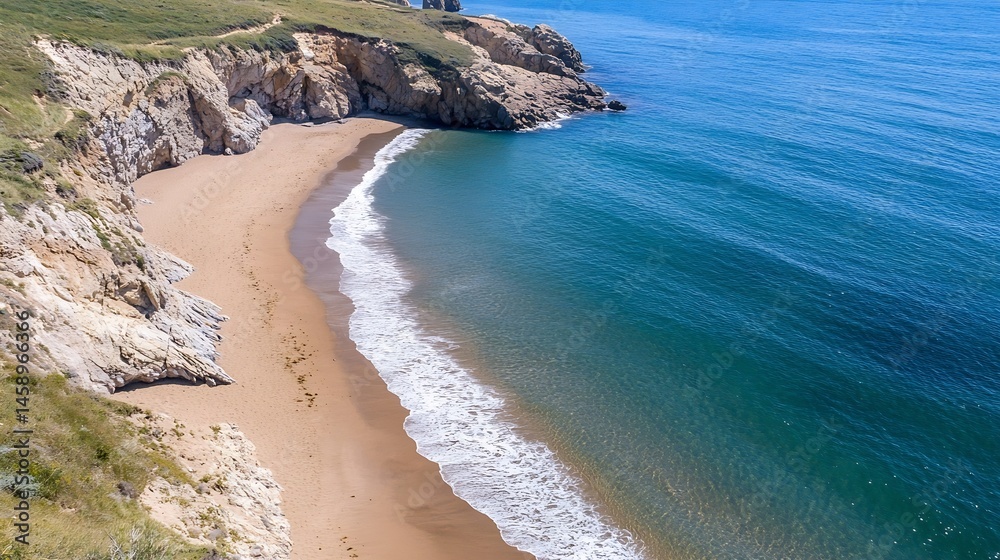 Poster aerial view of a secluded sandy beach nestled between dramatic cliffs and the turquoise ocean, showc