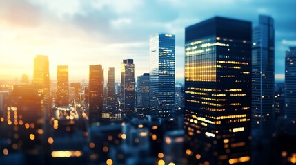 A captivating cityscape at sunset, showcasing illuminated skyscrapers with warm golden lights against a twilight sky.  Modern architecture dominates the scene, offering a vibrant urban : Generative AI