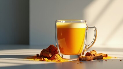 Transparent glass. Fresh turmeric. Bright natural. Cozy kitchen. Morning sunlight. Vitamin drink. Health beverage. Immune support. Wellness product. Organic ingredient. Warm tone. Yellow color. Simpl