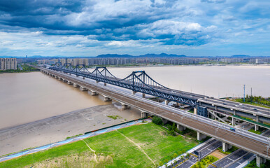 Aerial view of Pengbu Bridge in Hangzhou, Zhejiang Province, China