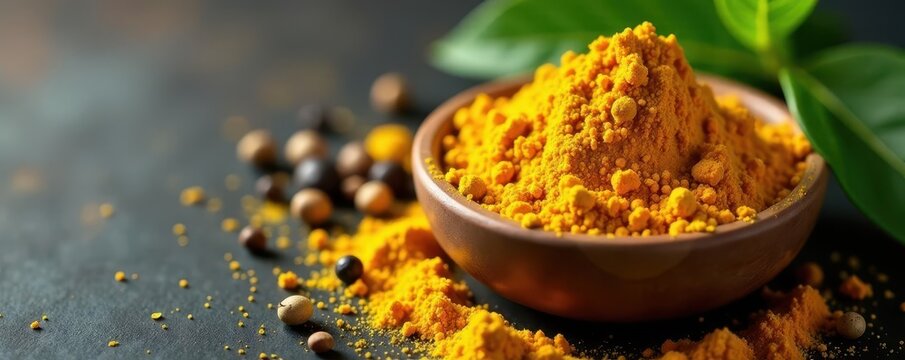 Golden turmeric powder, black peppercorns & cumin seeds in bowls , photography, bowl
