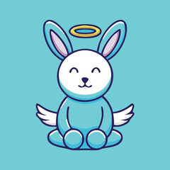 Obraz premium Cartoon bunny with halo and wings sits peacefully against a bright turquoise background