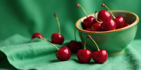 Ripe cherries spill from a glazed ceramic bowl onto a textured green tablecloth , scene, close up, cloth