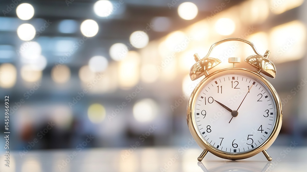 Poster a gold alarm clock sits on a table, the time is nearly one o'clock, with a blurred background of sof