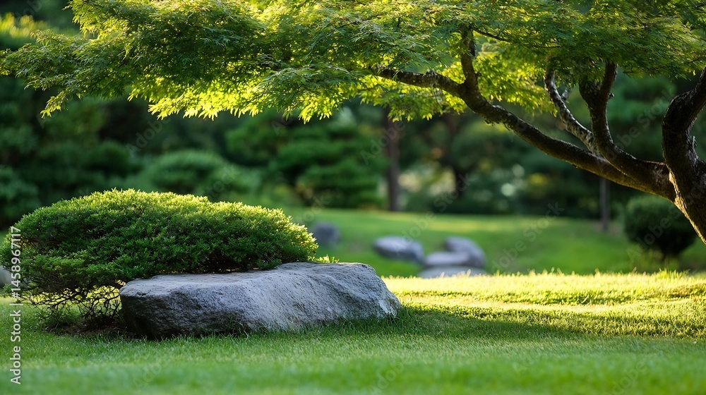Poster serene garden scene featuring a large grey stone nestled beside lush green shrubbery, partially shad