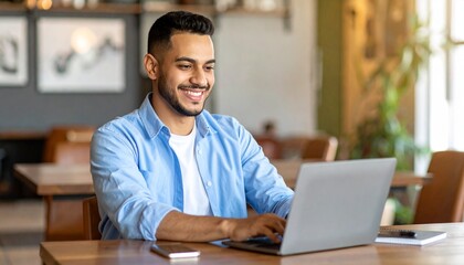 Young Businessman Working on Laptop in Cafe, Smiling Remote Work Scene, Casual Office Style/若手ビジネスマンがカフェでノートパソコンを操作、笑顔のリモートワークシーン、カジュアルスタイルの働き方