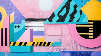 A Memphis-inspired abstract artwork with pastel pink, electric blue, and funky geometric patterns --ar 16:9 --v 6.1 Job ID: 51fe232f-4673-4b21-b51e-b9ccb971073b