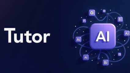 AI Tutor. Text presence. Digital icons. Neon blue. Futuristic style. Learning concept. Tech education. Online tools. Interactive platform. Artificial intelligence. Student support. Modern design. Eng