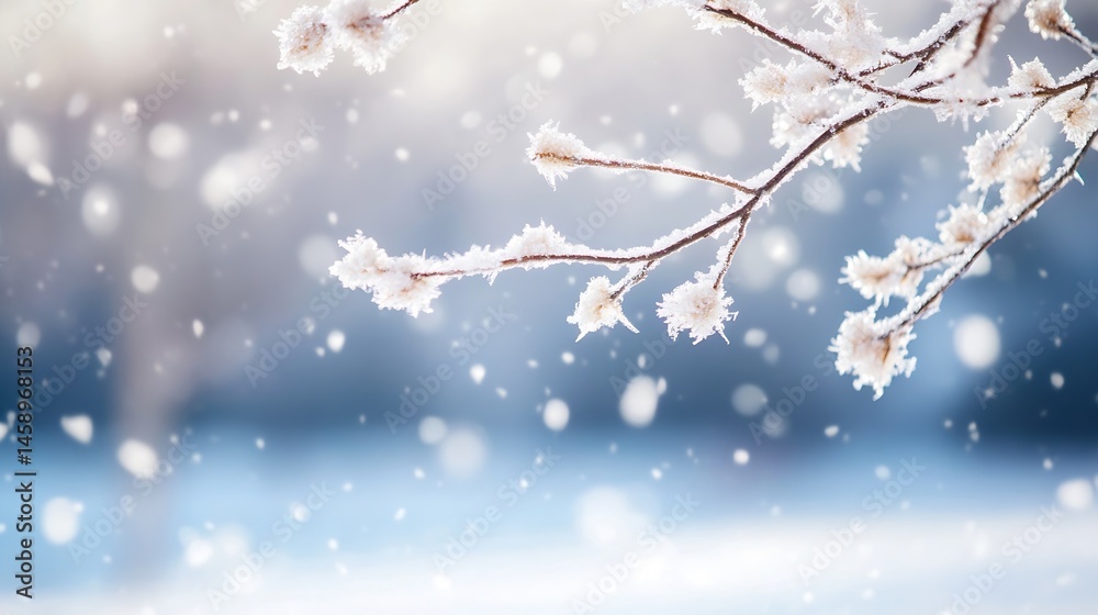 Poster a frosty winter branch with delicate snow crystals, showcasing a serene winter landscape with fallin