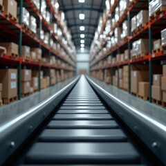 Obraz premium A warehouse aisle with rows of boxes on shelves, viewed from an endcap perspective