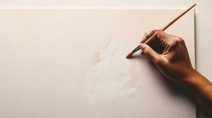 Artist hand applying white paint on blank canvas, revealing initial creative moment and artistic expression through brushstroke technique