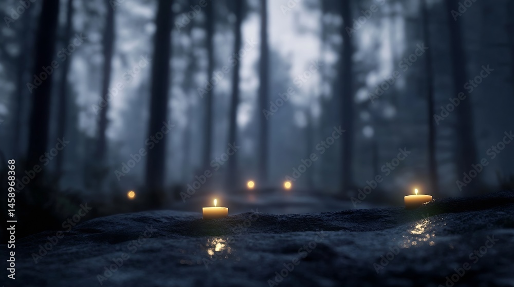 Poster three candles illuminate a dark, misty forest path at night, casting a warm glow on the wet rocks. t
