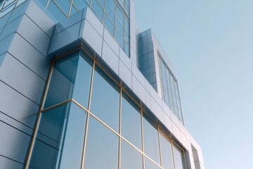 Obraz premium Modern Building Facade with Glass Windows and Blue Sky