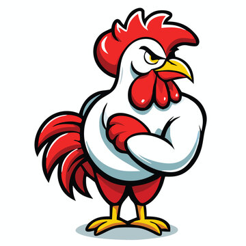 The cartoon rooster with folded arms and grumpy face is looking directly at you