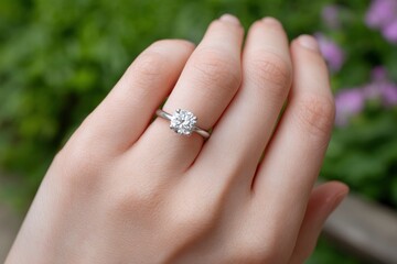 Diamond Ring on Finger with Nature Background