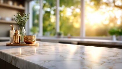 Fototapeta premium A countertop with a tray and a potted plant, with copy space