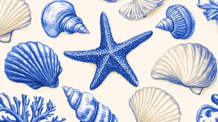 Obraz premium A sea of shells and starfish, in muted blue and cream