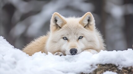 Obraz premium Arctic wolf resting in the snow, its piercing blue eyes gazing intensely, a serene winter scene in a snowy forest. : Generative AI