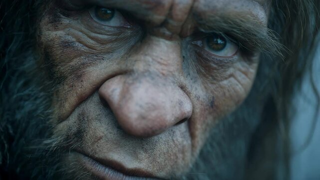 4K Close-Up of a Realistic Neanderthal Caveman in Stone Age Setting | Prehistoric Human Model | Primal Man Portrait