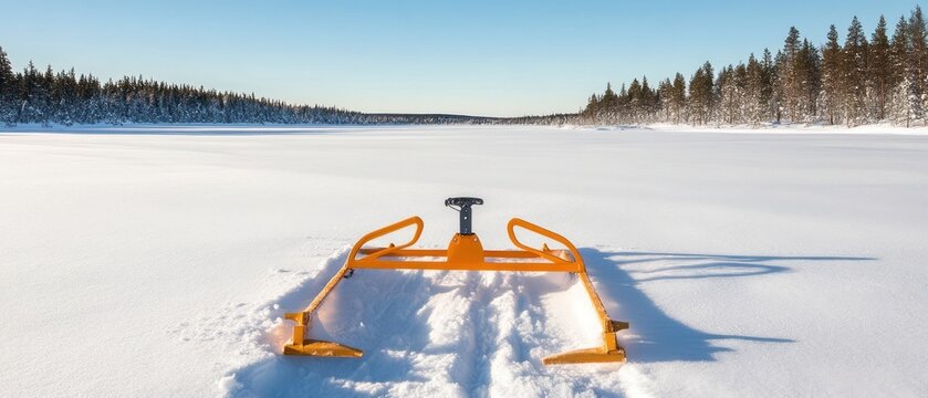 Winter Landscape with Orange Snow Groomer on Frozen Lake in Lapland