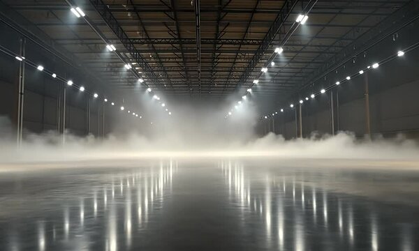 A large, empty warehouse with high ceilings and LED lights on the ceiling illuminating its vast expanse.
