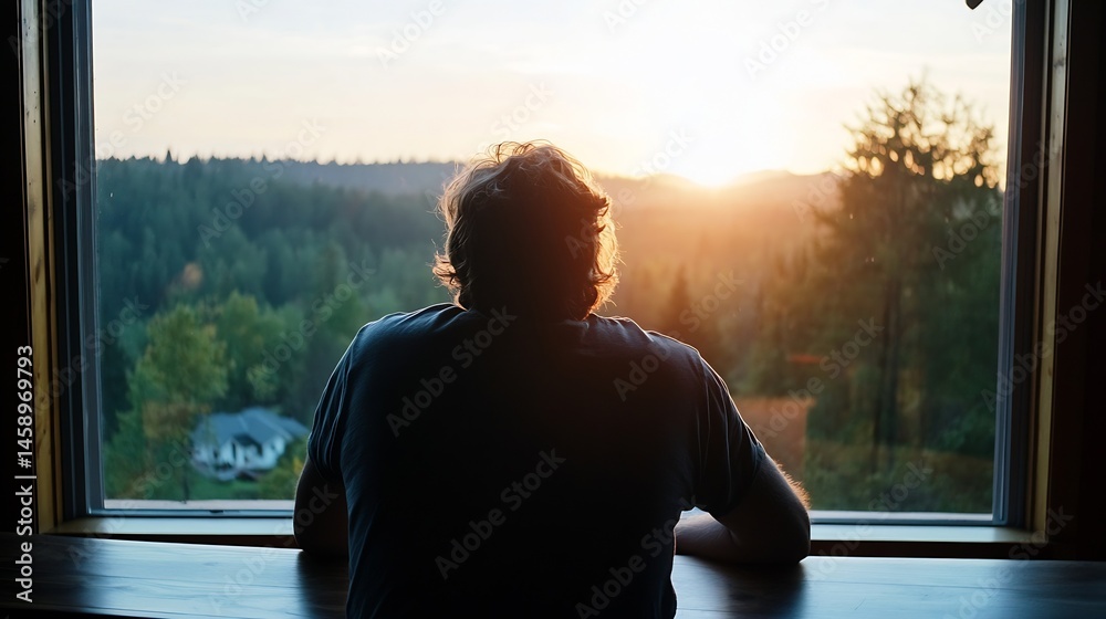 Aufkleber man sits at window, back to camera, watching sunset over a forest landscape. golden hour light illum