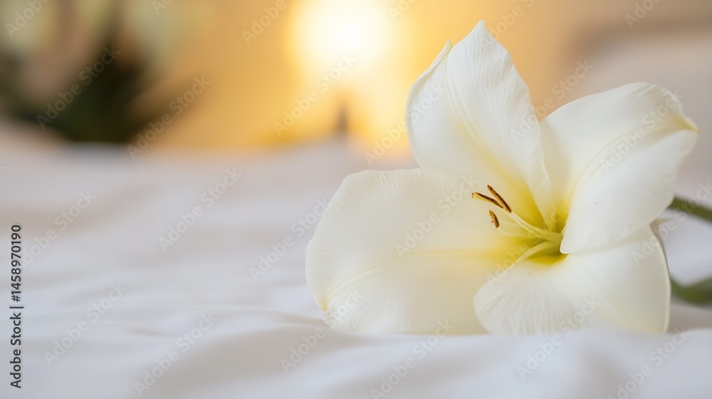 Poster a single, pristine white lily rests gently on a soft, white fabric, bathed in warm, golden light; cr