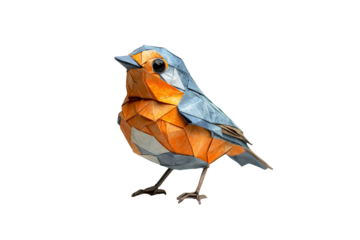 A paper sculpture of a robin, colored orange and blue with precise, angular folds, isolated on a transparent background