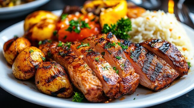 Grilled Delight: Savor the succulent flavors of this hearty meal, featuring perfectly grilled meat, roasted potatoes, and fluffy rice, complemented by a medley of grilled vegetables.