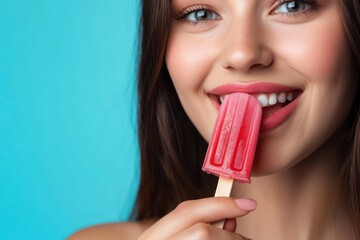 Young Woman Licking Popsicle on Color Background