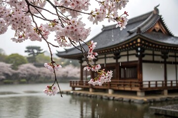 Blossoms Surround Japanese Temple Amidst Tranquil Lake Setting