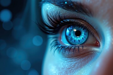 Blue eye. Emdr Highly sensitive person aphantasia Simulated reality Ethical ai Deepware Plainsight Neosensory Glowday Promeai Close-up human with long eyelashes looking intensely illuminated for beau