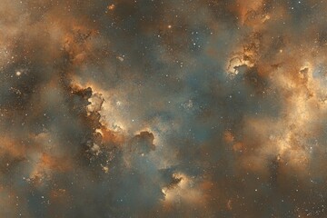 Obraz premium Cosmic nebulae swirl in a vast, star-filled expanse of space. Blends of orange, brown, and gray clouds of gas and dust