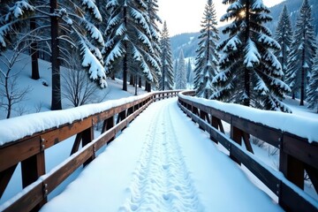 Thick blanket of snow on rustic wooden bridge , cold, path