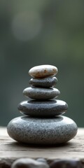 Stack of gray and white stones on wooden surface with blurred background
