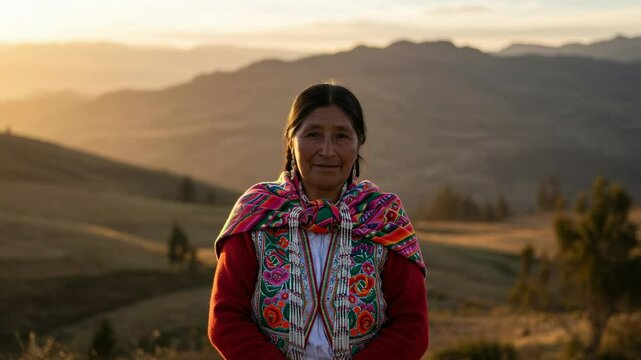 A Middle-Aged Indigenous Woman in Colorful Traditional Attire Standing Against a Majestic Mountain Sunset Landscape