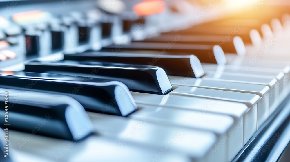 Aufkleber close-up view of a piano keyboard, showcasing the sleek black and white keys. the image emphasizes t