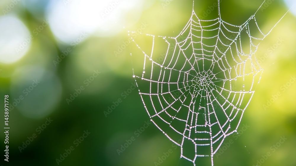 Aufkleber close-up of a spiderweb glistening with morning dew, set against a softly blurred green background. 