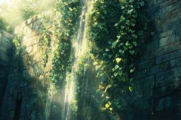 Sunlit waterfall cascading down an ancient stone wall, lush green vines clinging to the weathered surface.