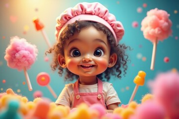 Cute toddler. Adorable dark-skinned toddler girl with curly hair wearing pink outfit and bonnet happily holding colorful cotton candy at vibrant fairground, perfect for children’s party, celebration,