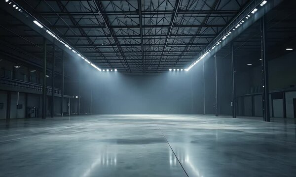 A large, empty warehouse with high ceilings and LED lights on the ceiling illuminating its vast expanse.