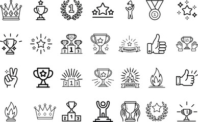 Achievement Icons and Symbols Collection with Trophies Medals Crowns Laurels Stars and Awards in Minimalist Line Art Monochrome Vector Style
