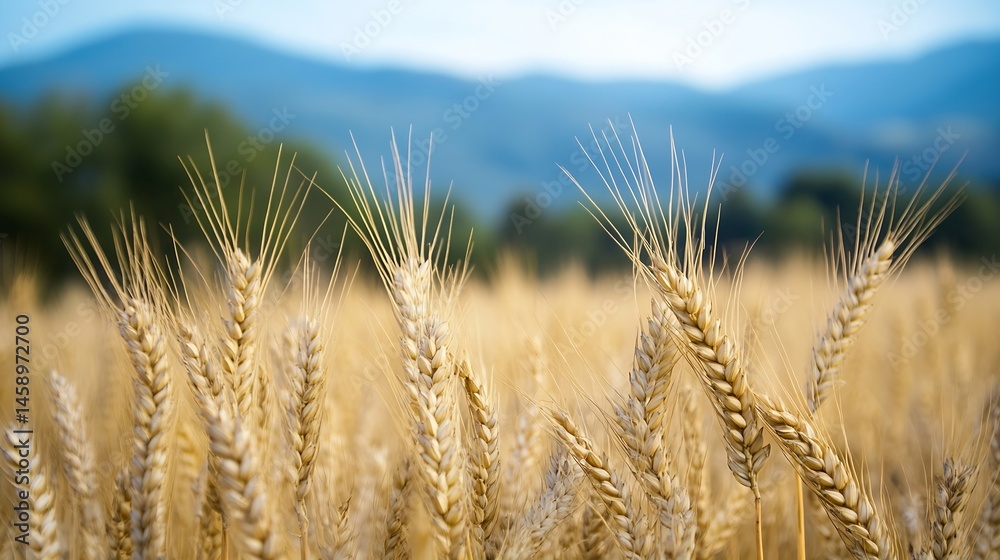 Poster close-up view of ripe wheat stalks in a golden field, with a blurred background of blue mountains an