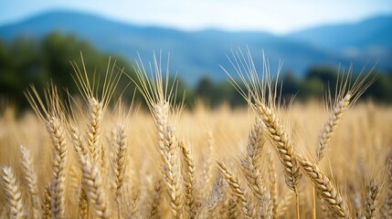 Fototapeta premium Close-up view of ripe wheat stalks in a golden field, with a blurred background of blue mountains and green trees under a clear sky. : Generative AI