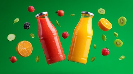 Fototapeta premium Vibrant Fruit Juices with Fresh Ingredients on Green Background