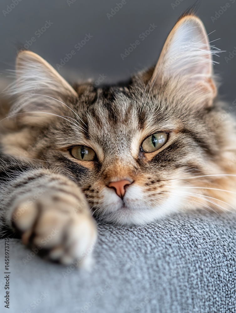 Poster Close-up portrait of a long-haired tabby cat resting its paw on a gray textured surface, showcasing its captivating green eyes and soft fur. : Generative AI