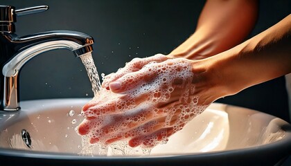Fototapeta premium Adult washing Hands at a Sink - Pandemic Bacteria, Disease, Sickness Prevention - Wash Hands with Anti Bacterial Soap and Sanitzer Gel - Personal Hygiene - Soapy Hands