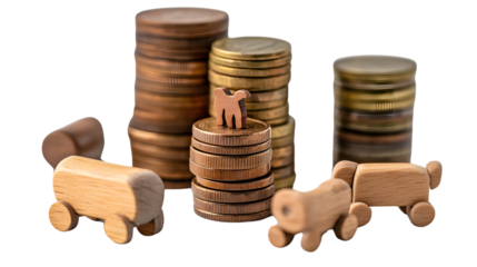 Finance concept with stack of coins, wooden toy, and figures on white background